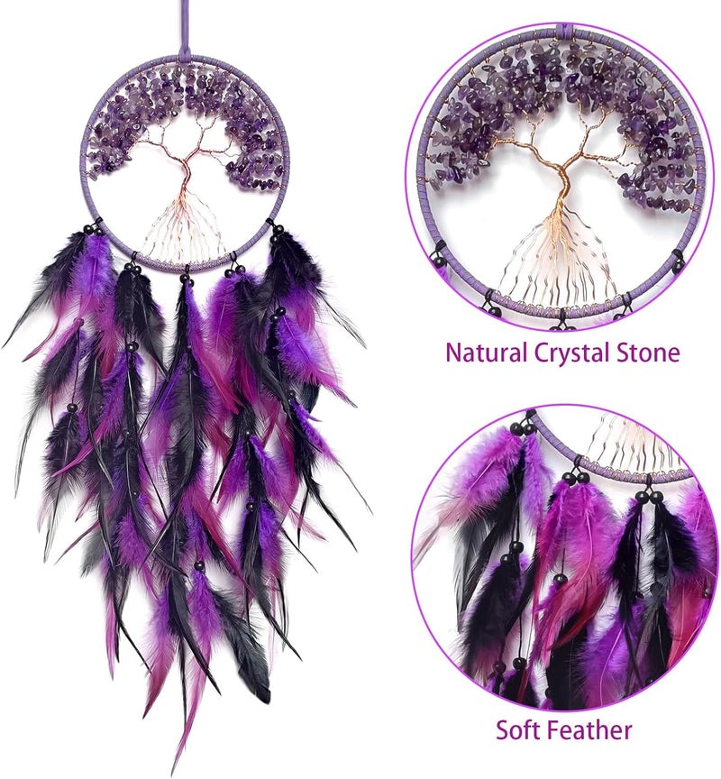 RAGKUU Store Black and Purple Dream Catcher Wall Decor Crystal Tree of Life Dream Catchers Handmade Feather Dreamcatcher Wall Hanging Ornament for Bedroom Living Room Home Decor - Image 3